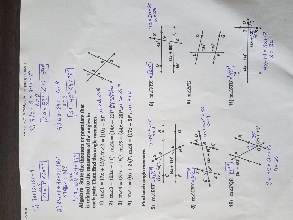 Quiz 3-1 parallel lines transversals and angles answer key